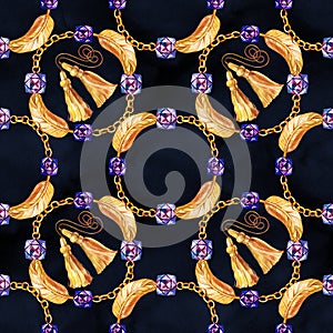 Golden seamless pattern set illustration. Watercolor hand drawn fashion texture with different gold chains, ropes