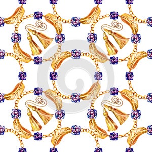 Golden seamless pattern set illustration. Watercolor hand drawn fashion texture with different gold chains, ropes