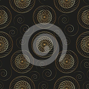 Golden seamless pattern with spirals and mandala flowers ornament. Vintage design element in luxury gold style. Ornate floral