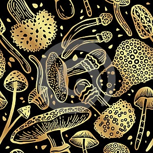 Golden seamless vector pattern of psilocybin mushrooms. Beautiful wallpaper of hallucinogenic mushrooms in golden colors