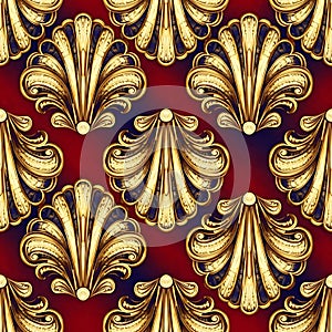 Golden Seashells Pattern on Red and Blue Background