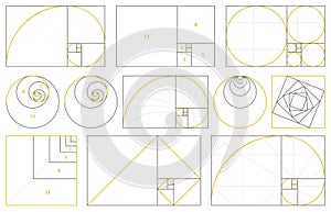 Golden section, fibonacci numbers, ideal proportions ratio. Geometry harmony gold fibonacci spiral ratio, vector