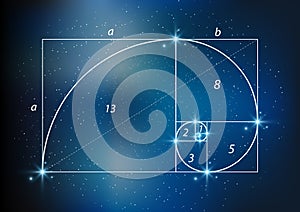 Golden section ratio, divine proportion and golden spiral on starry sky, vector transparent photo