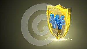 Golden security shield with South Korean Won currency sign. Polygonal concept of safety, money protection. Abstract