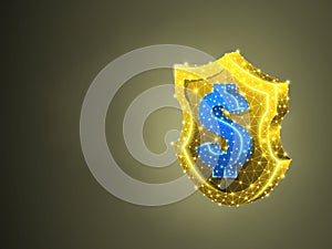 Golden security shield, USD abstract colorful 3d. Polygonal Vector business safery, money protection concept. Low poly