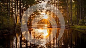 Golden Serenity: A Forest Lake Bathed in Sunrays