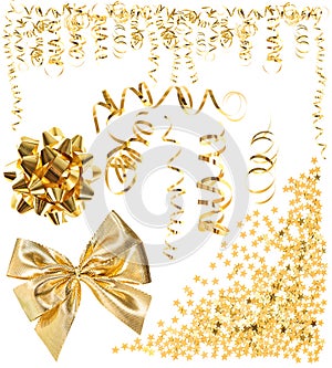 Golden serpentine streamer, confetti, ribbon bow