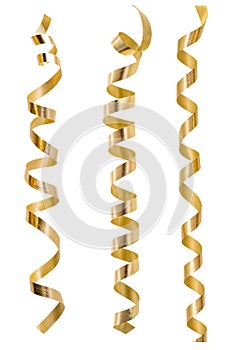 Golden serpentine streamers isolated. Festive decoration