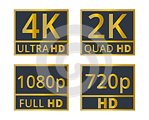 Golden set of resolution symbols. 2k, 4k, 1080p y 720p signs. photo