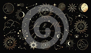Golden set of sun, moon, stars, clouds, constellations and esoteric symbols. Alchemy mystical magic elements for prints
