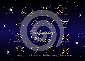 Golden Set of Witches runes, wiccan divination symbols. Ancient occult symbols, isolated on black. Vector illustration.