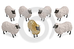 Golden sheep Isolated On White Background, 3D render. 3D illustration