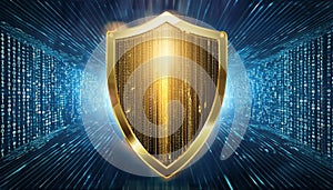 Golden shield enclosing binary code stream glowing in a high-tech interface with matrix style