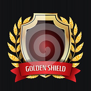 Golden Shield With Laurel Wreath And Red Ribbon. Vector Illustration