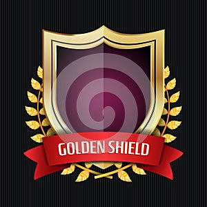 Golden Shield With Laurel Wreath And Red Ribbon. Vector Illustration