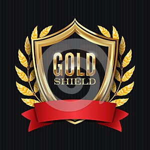 Golden Shield With Laurel Wreath And Red Ribbon. Vector Illustration