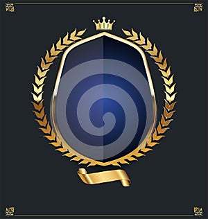 Golden shield and laurel wreath retro design