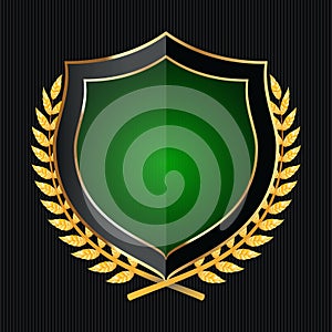 Golden Shield With Laurel Wreath. Vector Illustration