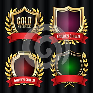 Golden Shield Set With Laurel Wreath And Red Ribbon. Vector Illustration