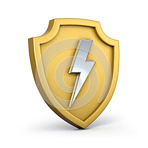 Golden shield with silver thunderbolt on white background. Golden shield with lightning right view.