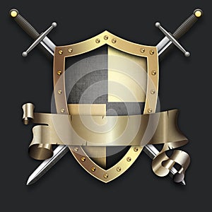 Golden shield with two swords and banner