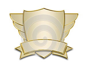 Golden shield with wings on a white background