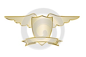 Golden shield with wings on a white background