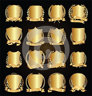 Golden shields laurel wreath with golden ribbon vector collection