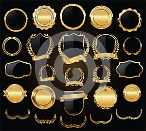 Golden shields laurel wreaths and badges vector collection photo