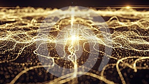 Golden shimmering wavy lines and particles creating an abstract futuristic network or data flow visualization
