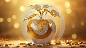 Golden shining apple fruit with leaves on a golden yellow background. Forbidden fruit is the sweetest