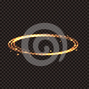 Golden shining magical circle. Fire ring with sparks on a transparent dark background.