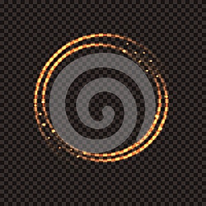 Golden shining magical circle. Fire ring with sparks on a transparent dark background.