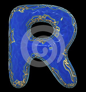 Golden shining metallic 3D with blue paint symbol capital letter R - uppercase isolated on black. 3d