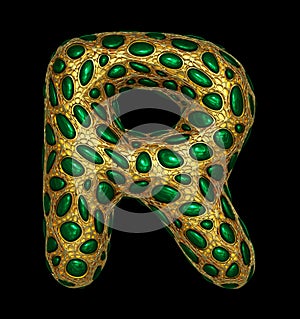 Golden shining metallic 3D with green glass symbol capital letter R - uppercase isolated on black.