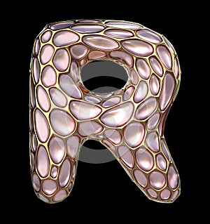 Golden shining metallic 3D with pink glass symbol capital letter R - uppercase isolated on black