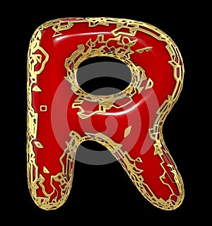 Golden shining metallic 3D with red paint symbol capital letter R - uppercase isolated on black. 3d