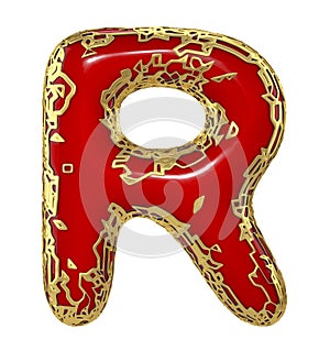 Golden shining metallic 3D with red paint symbol capital letter R - uppercase isolated on white. 3d