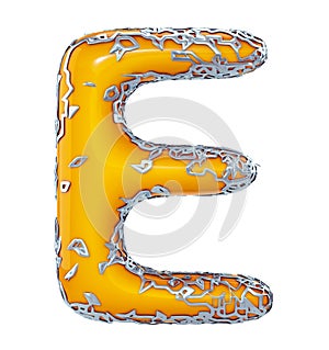 Golden shining metallic 3D with yellow paint symbol capital letter E - uppercase isolated on white 3d