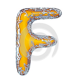 Golden shining metallic 3D with yellow paint symbol capital letter F - uppercase isolated on white 3d