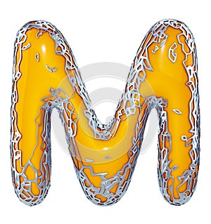 Golden shining metallic 3D with yellow paint symbol capital letter M - uppercase isolated on white 3d