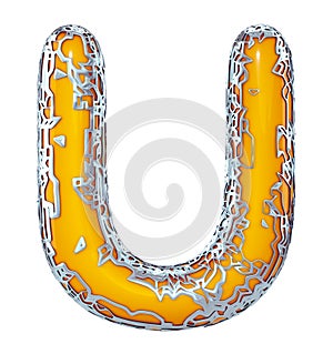 Golden shining metallic 3D with yellow paint symbol capital letter U - uppercase isolated on white 3d