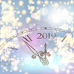Golden shiny bokeh New Year 2019 luxury premium light template with golden poster with clock and lights. Vector