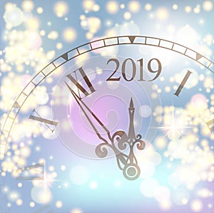 Golden shiny bokeh New Year 2019 luxury premium light template with golden poster with clock and lights. Vector