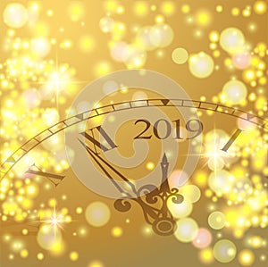 Golden shiny bokeh New Year 2019 luxury premium light template with golden poster with clock and lights. Vector background. 2019