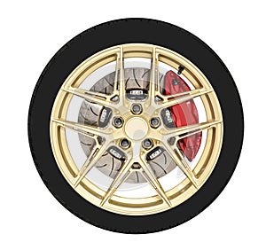 Golden shiny car wheel with brake caliper brake disc and tire isolated on white background with clipping path