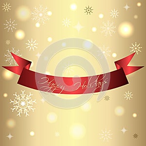 Golden shiny card for christmas and new year with red ribbon