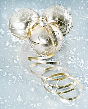 Golden shiny christmas balls with snowflakes decoration