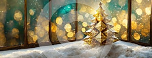 Golden shiny Christmas tree in winter snowy landscape. Enchanted fairy magical forest. New Year Eve night background.