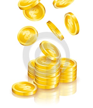 Golden shiny coins with dollar sign falling into stacks isolated